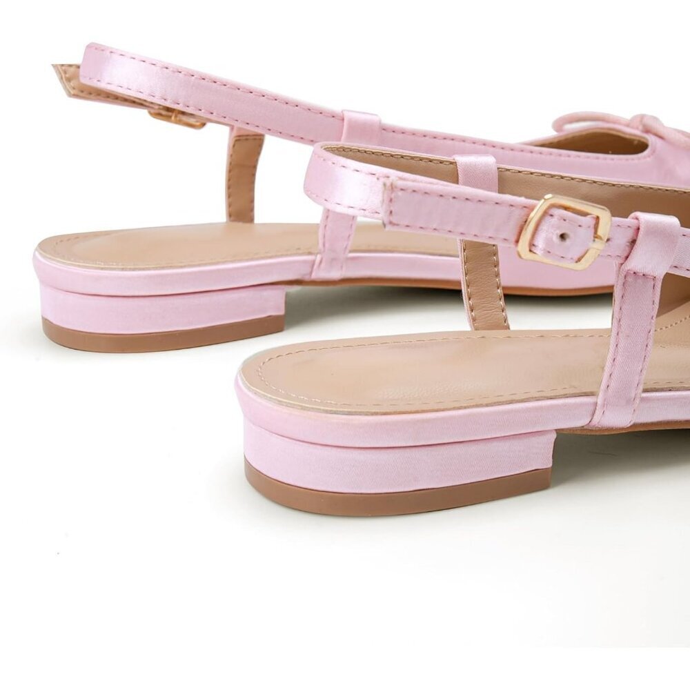 Women's Ballet Flats Slingbacks Square Toe Bow Knit Dressy with Ankle Buckles - Picture 4 of 7